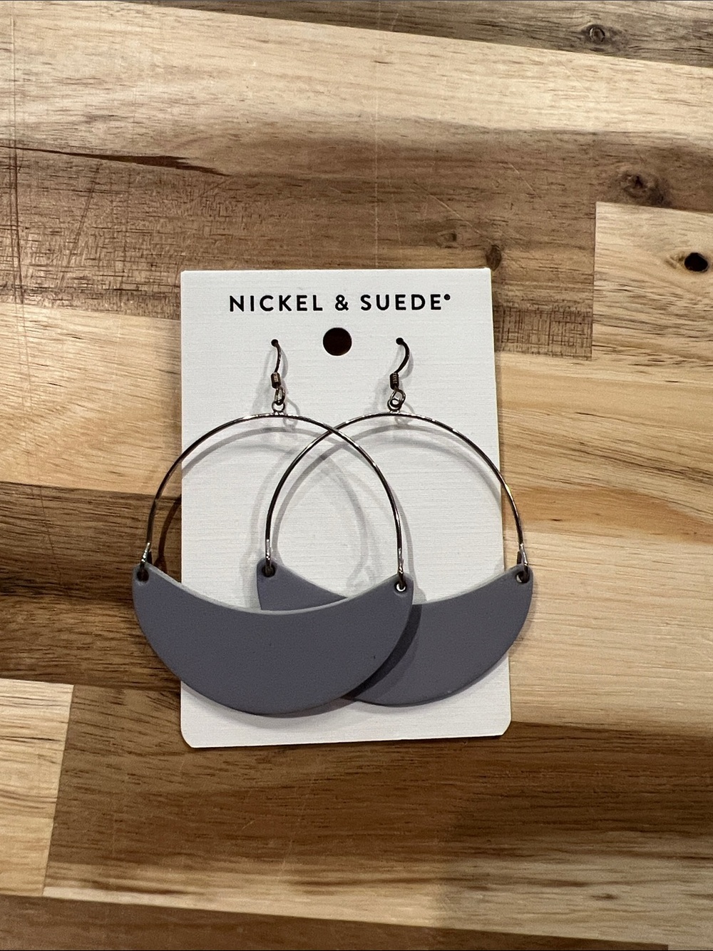 Nickel & Suede Gray Crescent Hoop Earrings